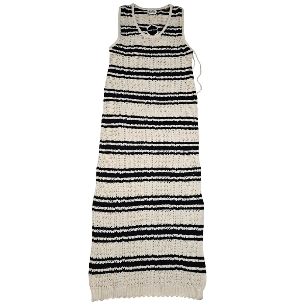 Newin‎ Crochet Knit Maxi Dress Cream Navy Striped Sleeveless Scoop Neck Medium